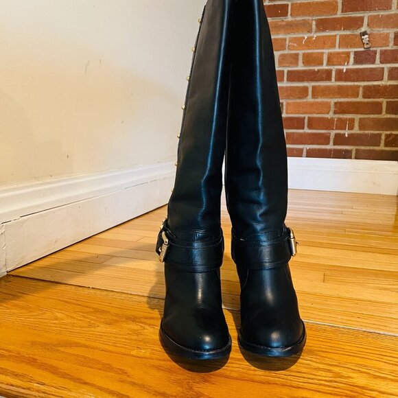 MICHAEL KORS BLACK LEATHER KNEE HIGH BOOTS WITH BUCKLE & RIVETS SZ 8 M - Picture 6 of 16